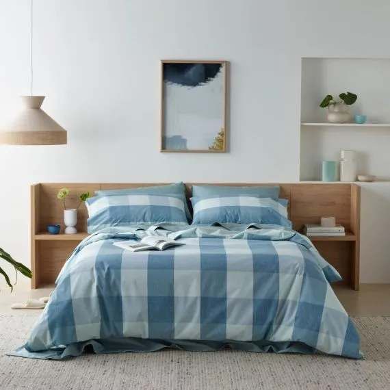 Staydry Quilt Cover Set Blue Check King Single Waterproof