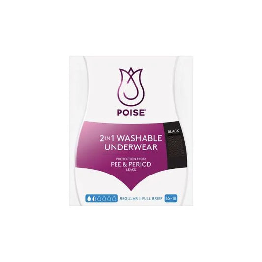 Poise Washable Underwear 2 In 1 Briefs 16 18 Waist 86 91cm Female 60ml Black