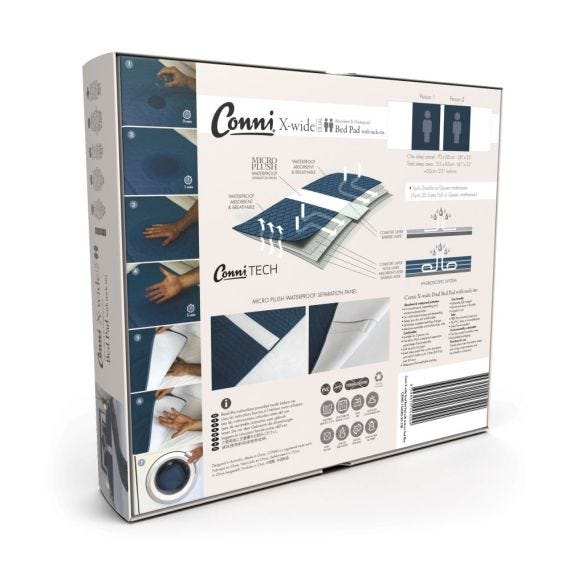 Conni Bed Pad X Wide Dual With 60cm Tuck Ins 153x85 Cm 2500ml Waterproof Teal/Blue