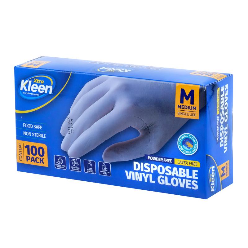 Xtra Kleen Disposable Vinyl Gloves – Clear (Medium, 100 Pack)